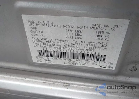 2011 Mitsubishi Galant Fe z USA, uszkodzony, nr VIN 4A32B2FF1BE018648